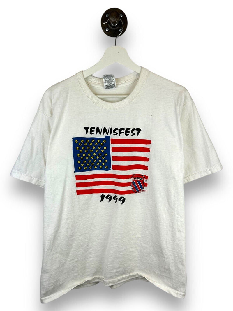 Vintage 1999 K Swiss Tennis Fest American Flag Graphic T-Shirt Size Large 90s