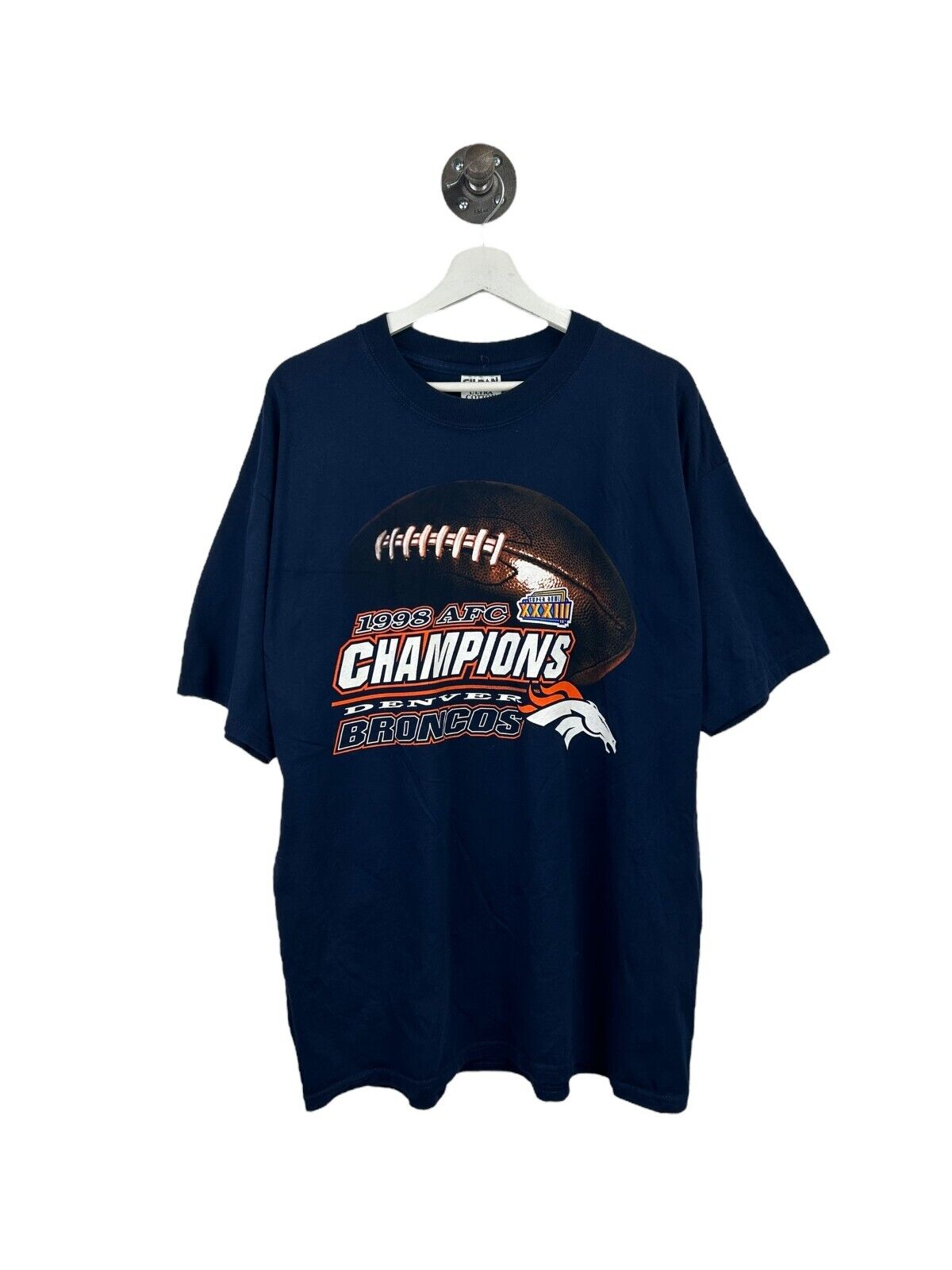 Vintage 1998 Denver Broncos AFC Champs Football Graphic T-Shirt Size XL Blue 90s