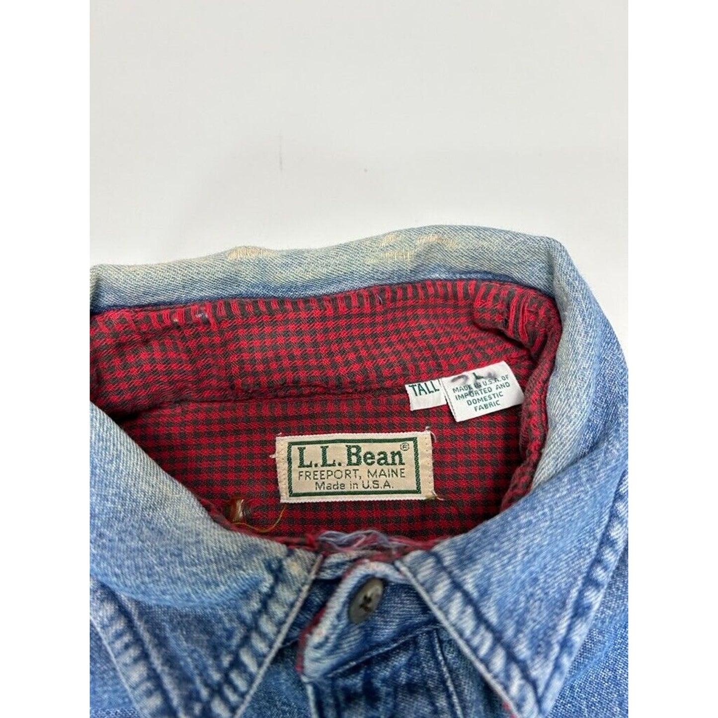 Vintage 90s L.L. Bean Plaid Lined Medium Wash Denim Button Up Shirt Size LT