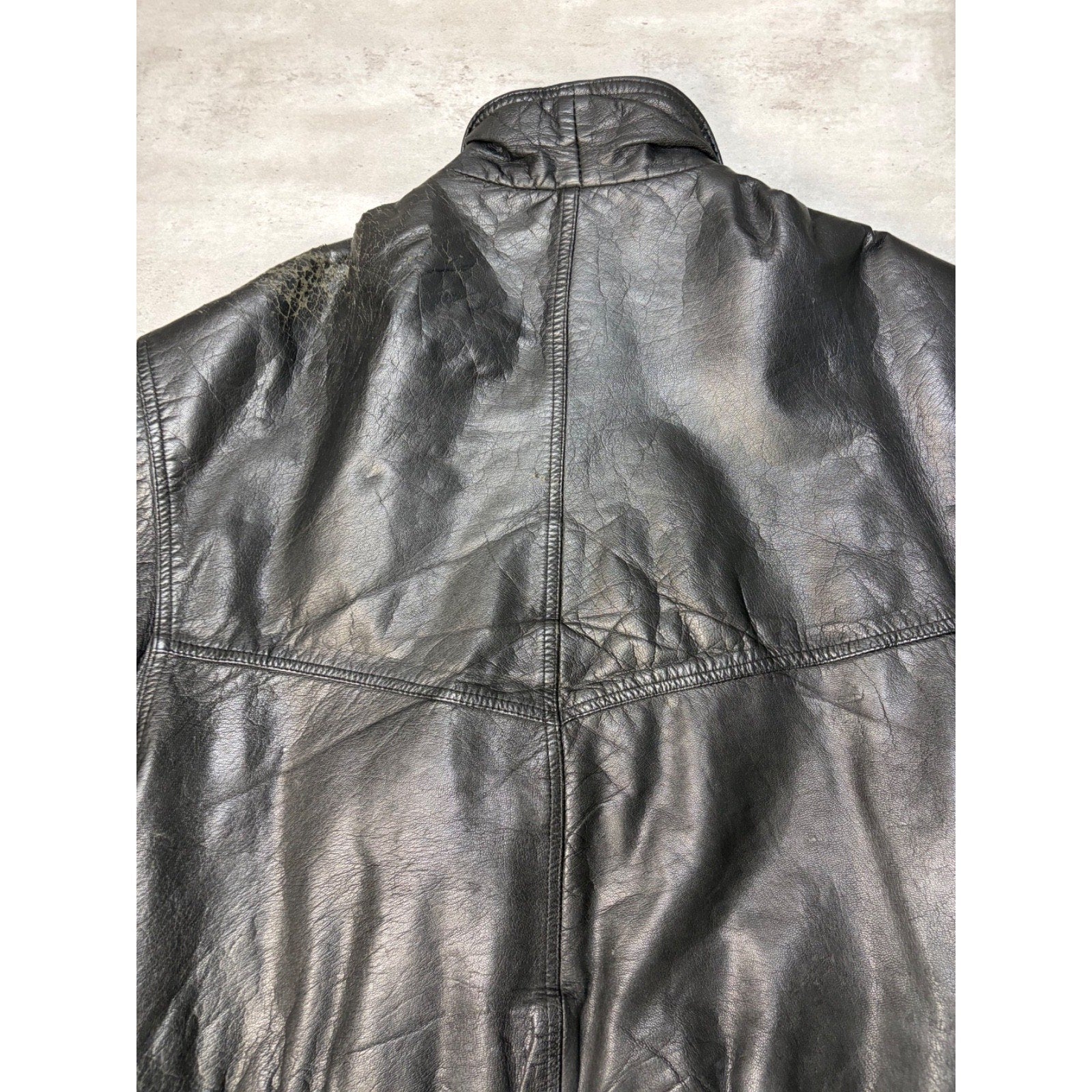 Vintage Leather Globe Pattern Lined Full Zip Bomber Jacket Size XL