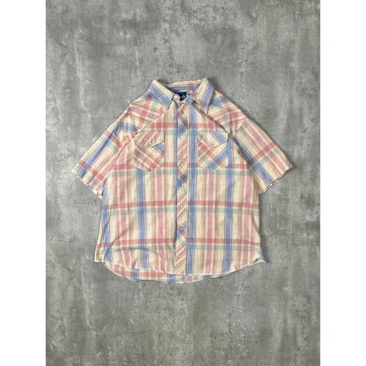 Vintage 80s Wrangler Plaid Pearl Snap Short Sleeve Button Up Shirt Size XL