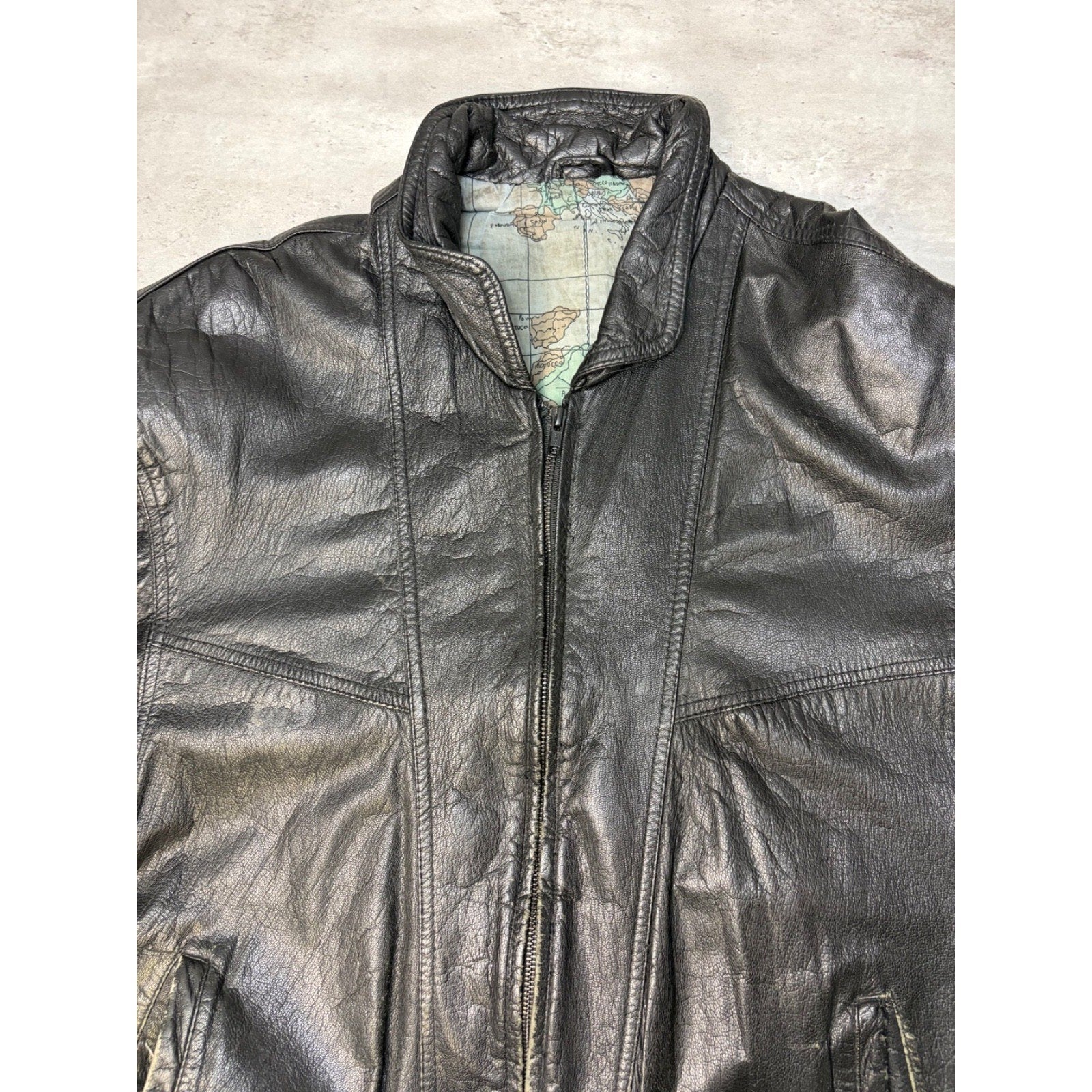 Vintage Leather Globe Pattern Lined Full Zip Bomber Jacket Size XL