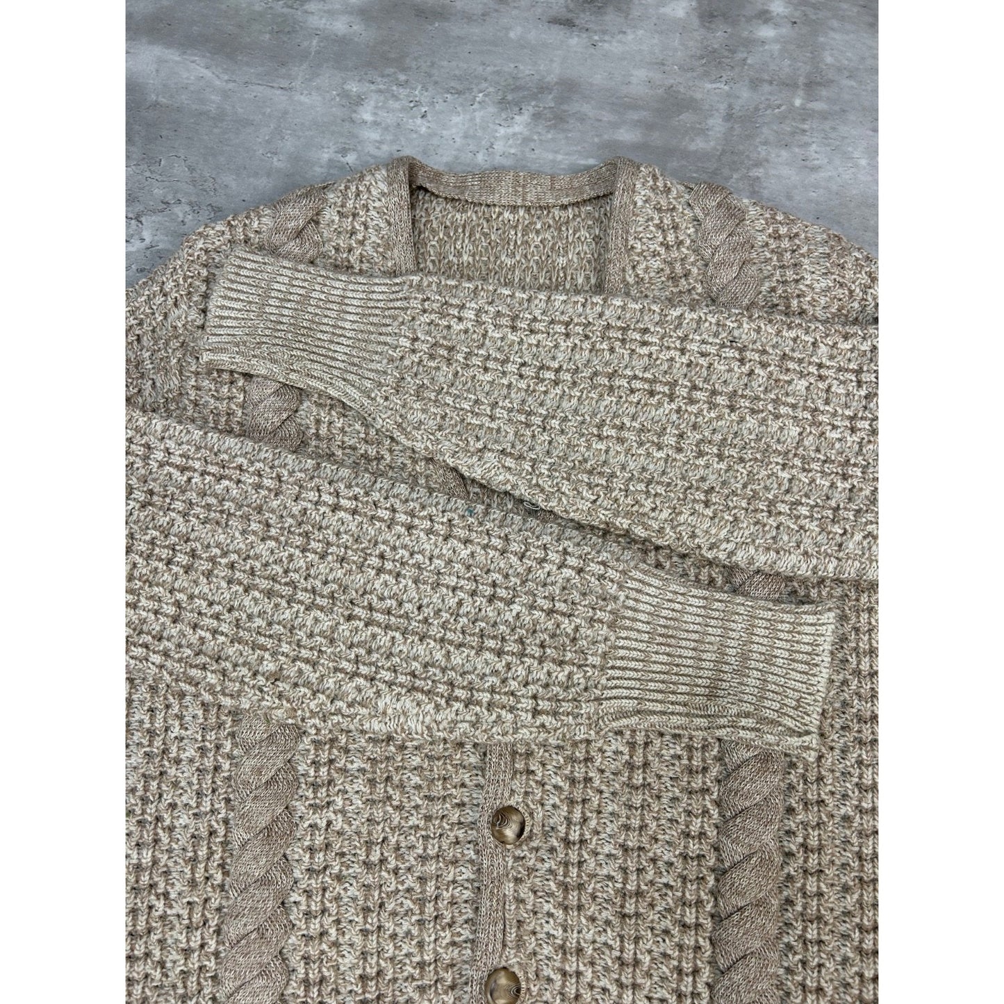 Vintage 80s/90s 3/4 Button Textured Knit Cardigan Sweater Size Large Beige