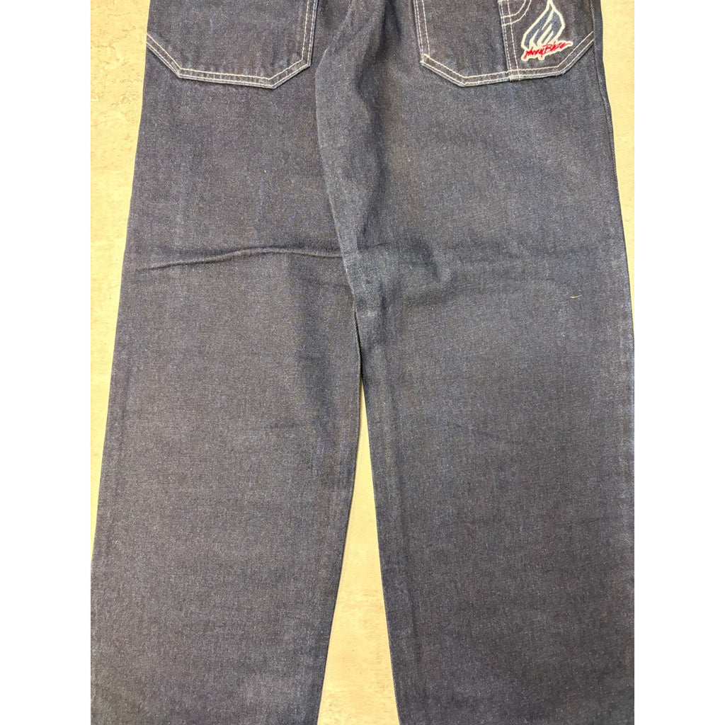 Y2K Womens Johnny Blaze Embroidered Spellout Dark Wash Denim Pants 28x29