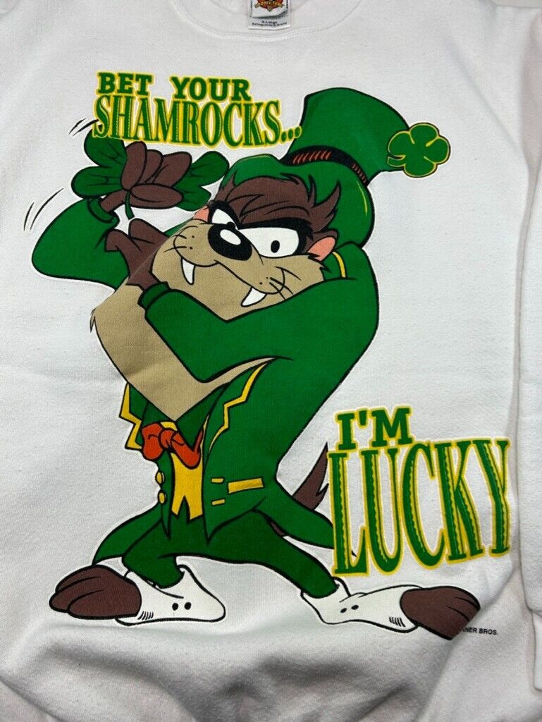 Vintage 1997 Looney Tunes Taz Bet Your Shamrocks Irish Graphic Sweatshirt Sz XL