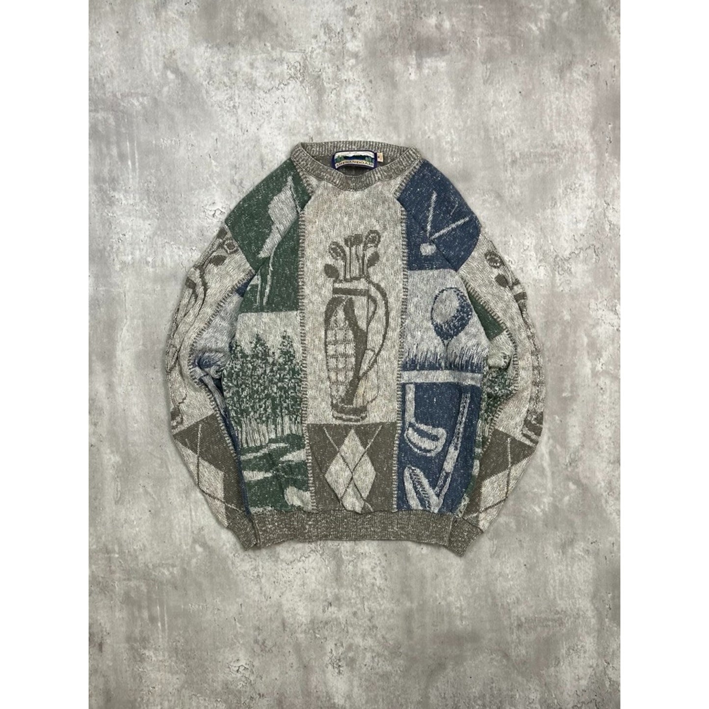 Vintage 90s Shenandoah Golf All Over Print Graphic Knit Sweater Size Medium