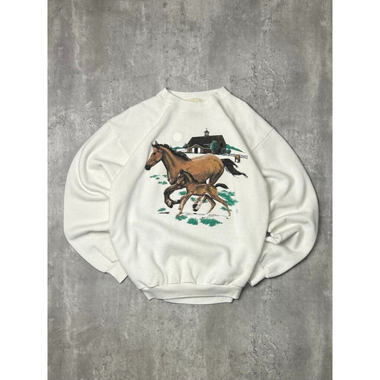 Vintage 90s Equestrian Horse Nature Animal Graphic Sweatshirt Size Medium White