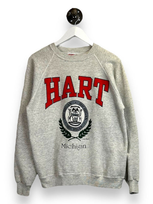 Vintage 1992 Hart Michigan Crest Graphic Spellout Crewneck Sweatshirt Size Large