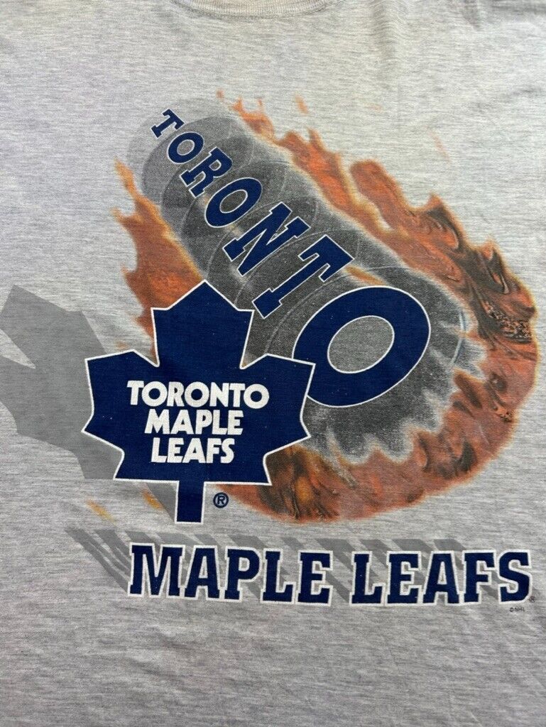 Vintage 90s Toronto Maple Leafs NHL Flaming Puck Spellout Graphic T-Shirt Sz XL