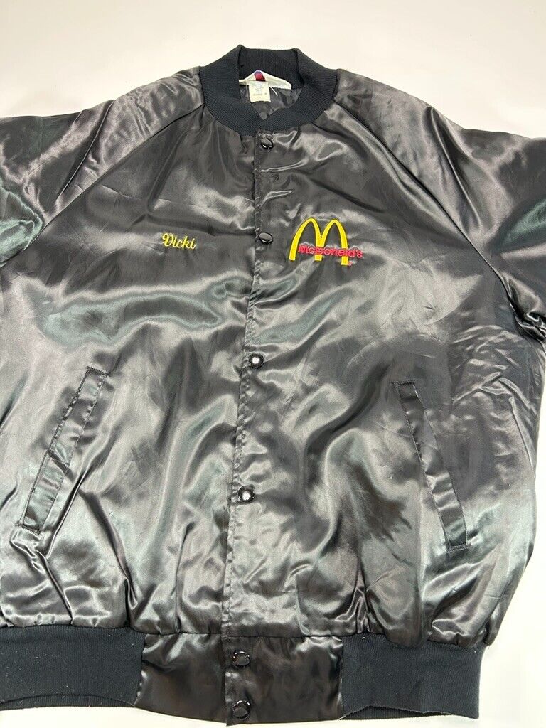 Vintage 80s McDonalds Embroidered Logo Satin Bomber Jacket Size Large