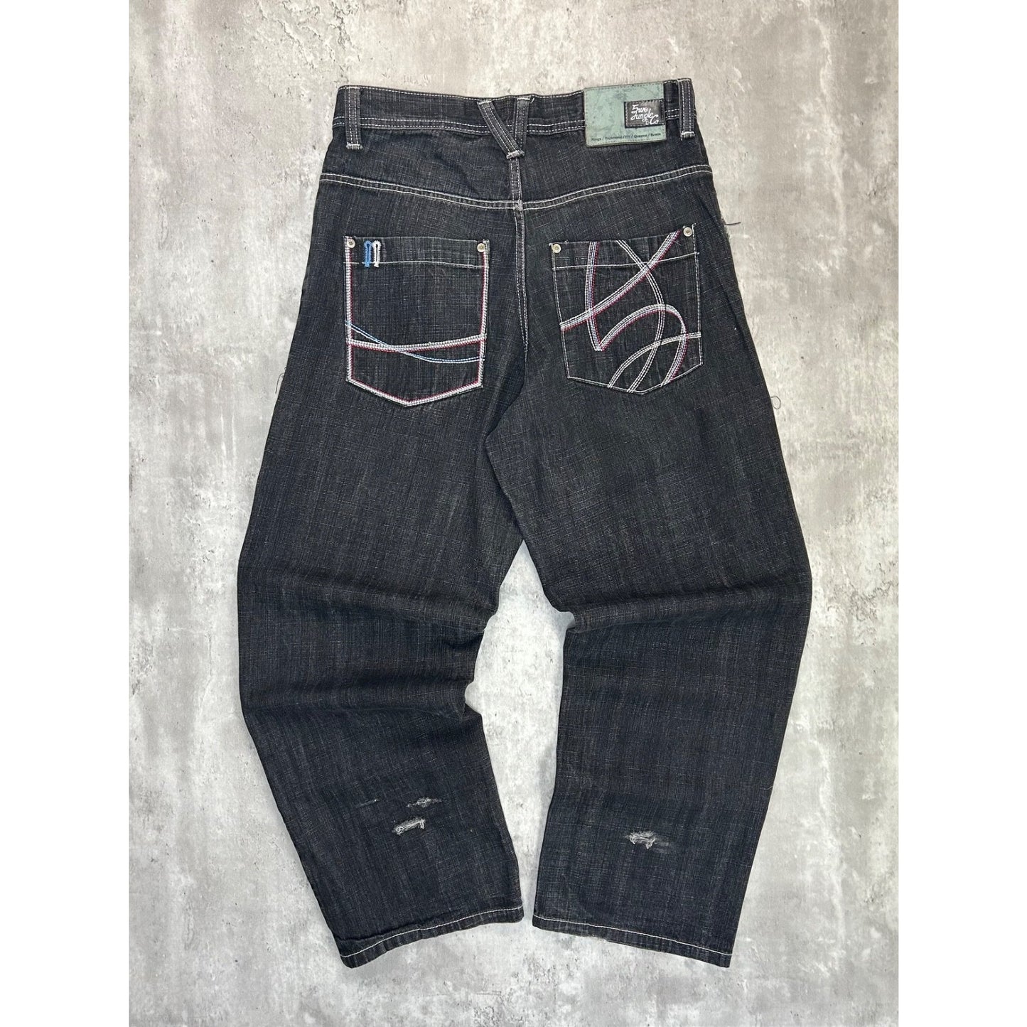Vintage Y2K 5ive Jungle Black Wash Denim Embroidered Pocket Pants Size 33