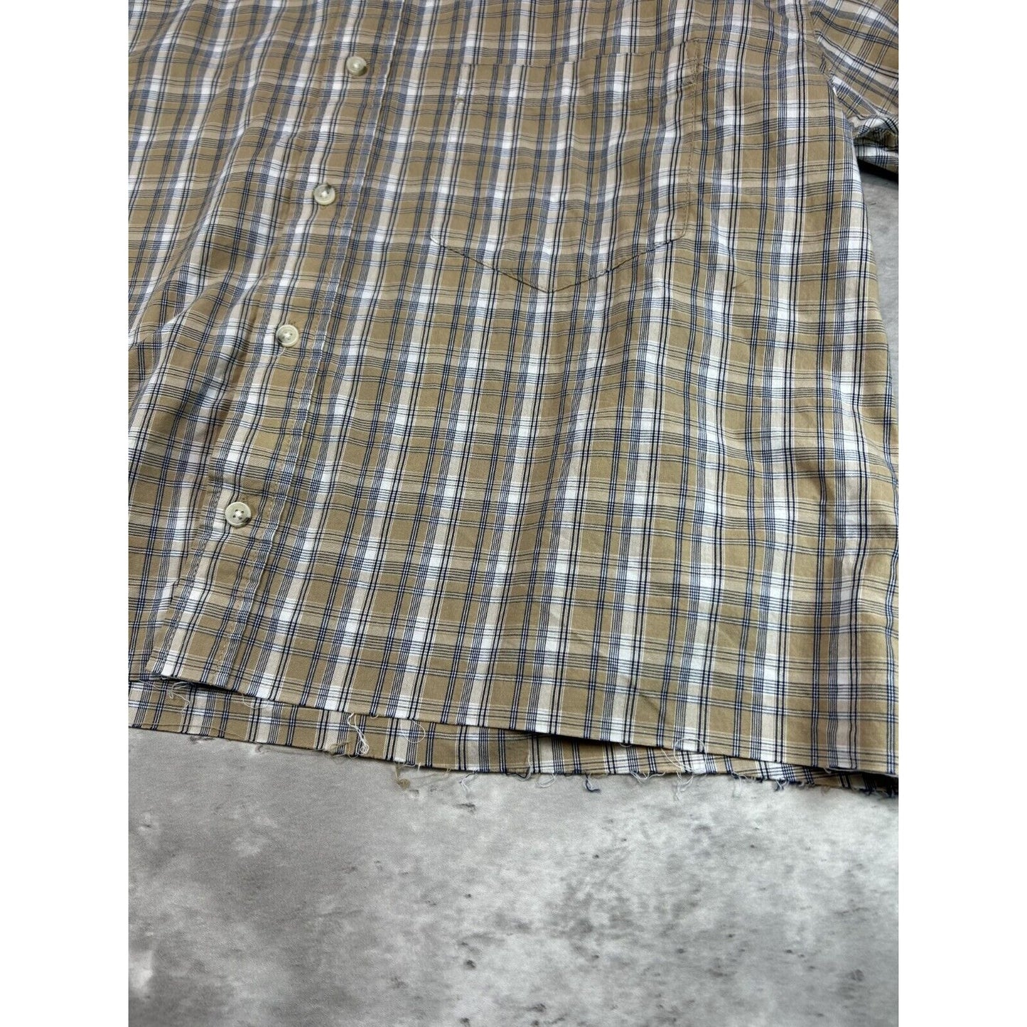 Vintage Wrangler Plaid Short Sleeve Cropped Button Up Shirt Size Medium Beige