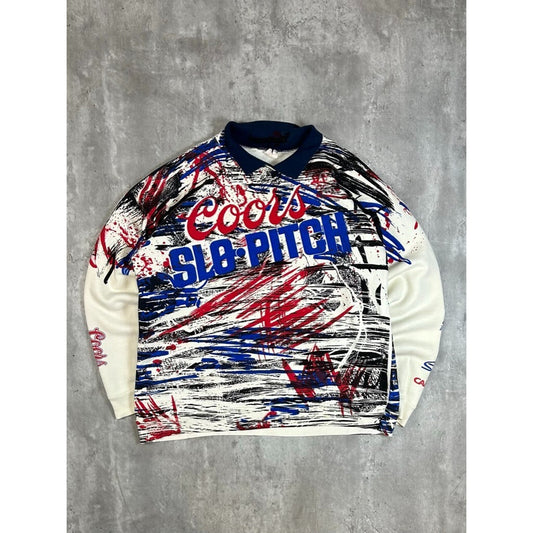 Vintage 90s Coors Slo-Pitch All Over Print Collared Pullover Sweatshirt Size Medium