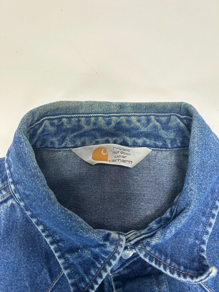 Vintage 80s/90s Carhartt Dark Wash Work Wear Pearl Snap Button Up Shirt Sz Large