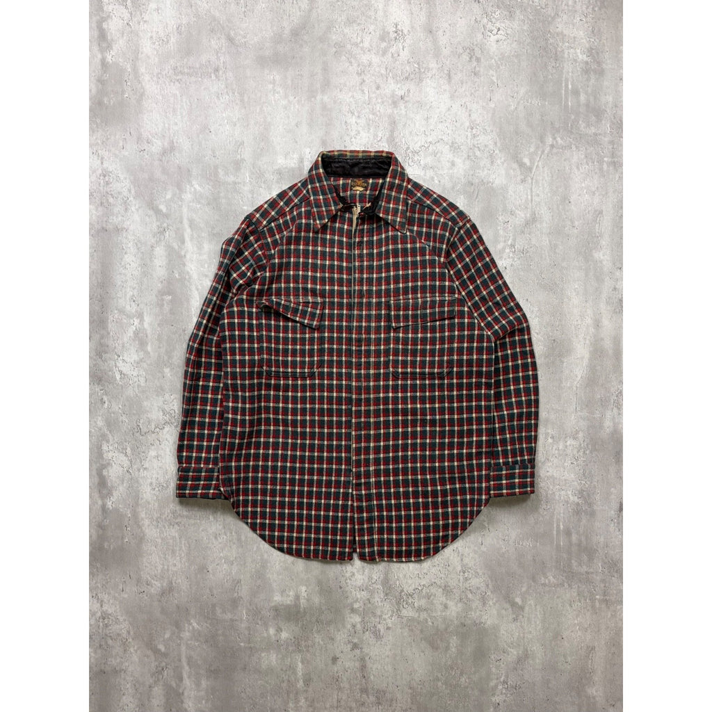 Vintage 1950s Buckskein 1005 Wool Plaid Print Full Zip Flannel Shirt Size Large