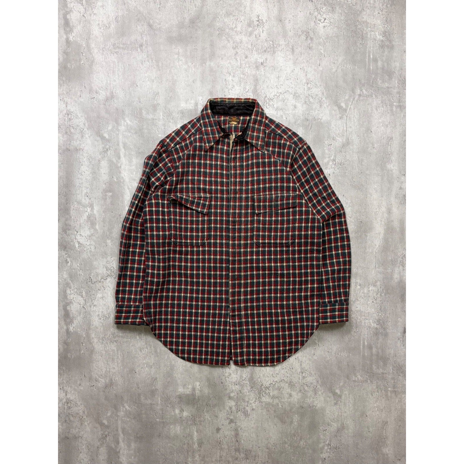 Vintage 1950s Buckskein 1005 Wool Plaid Print Full Zip Flannel Shirt Size Large