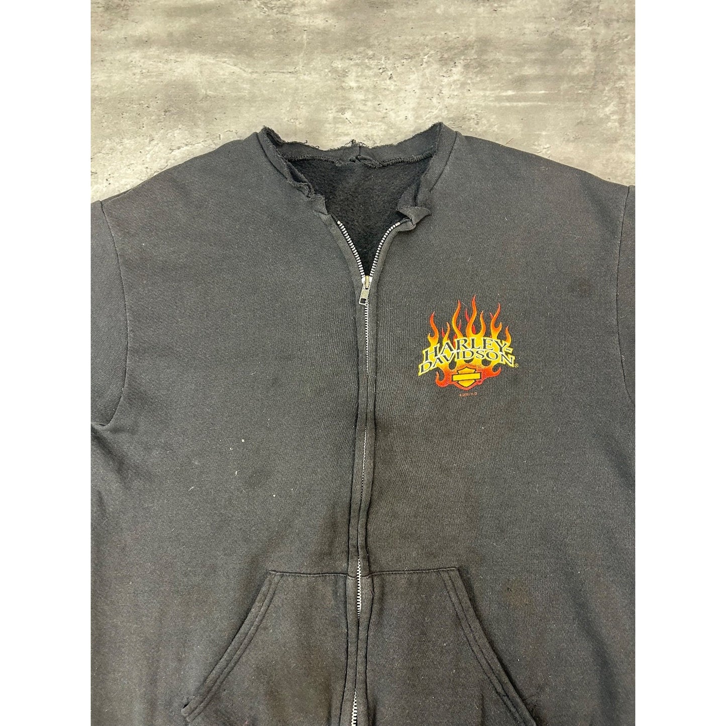 Vintage 2001 Harley Davidson Flame Sleeve Classic Logo Full Zip Sweatshirt Med