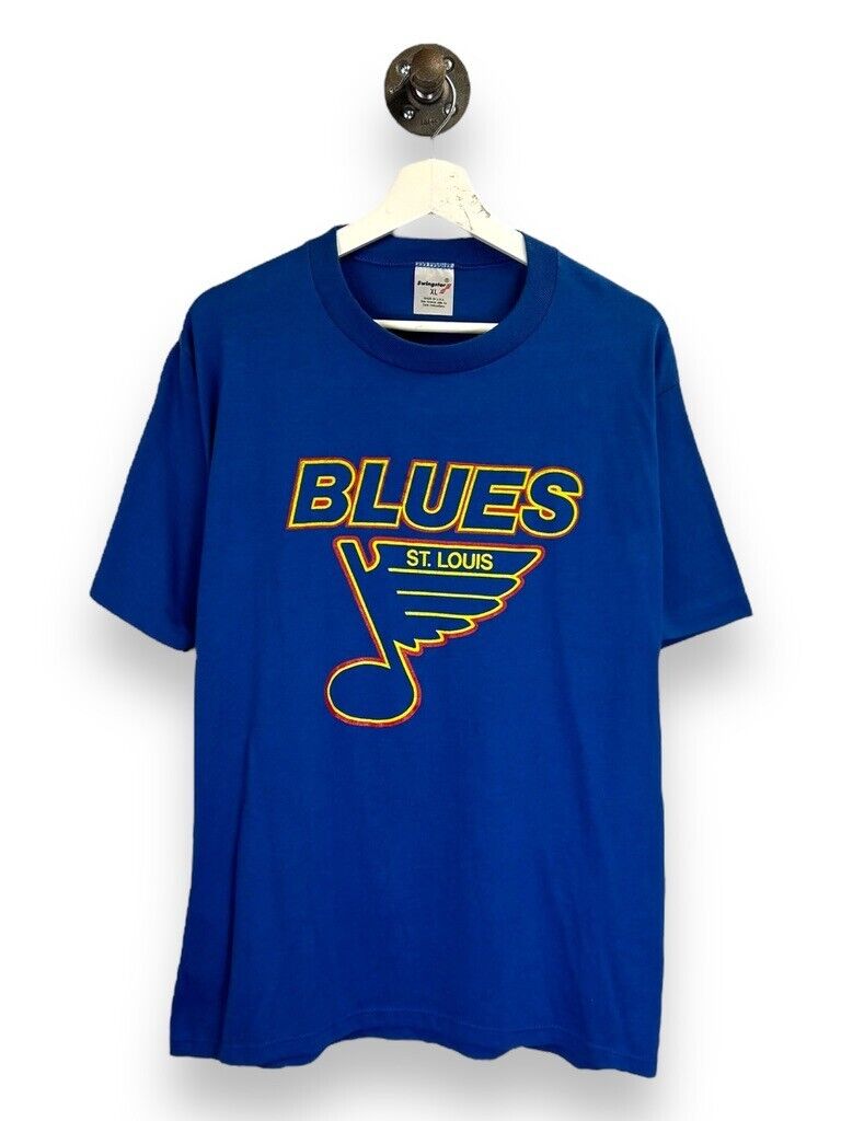 Vintage 80s St Louis Blues NHL Spell Out Graphic Hockey T-Shirt Size XL Blue