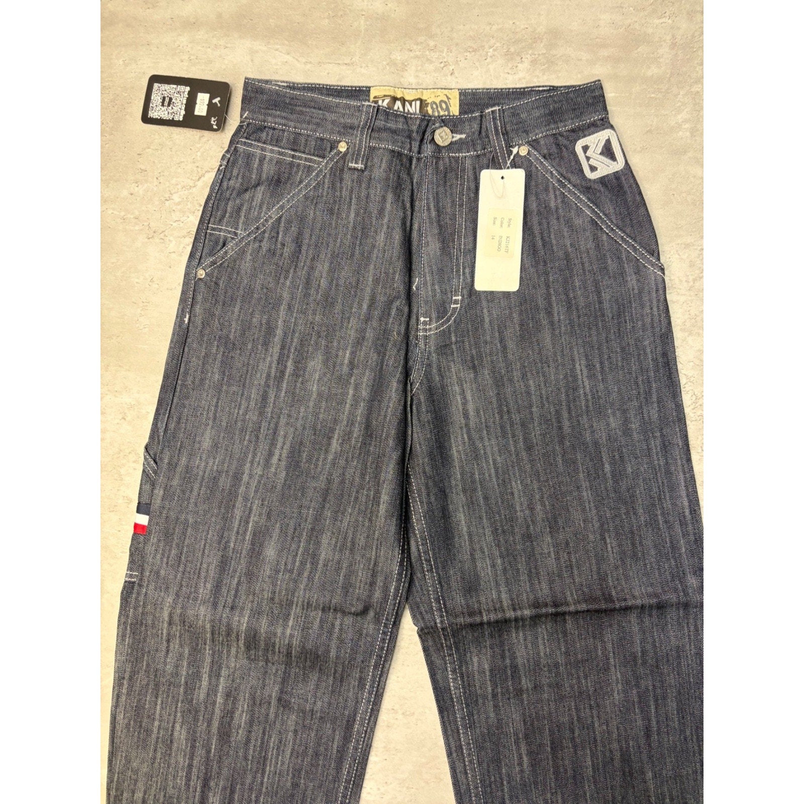 Vintage Y2K Womens Kani Embroidered Arc Spellout Dark Wash Denim Pants