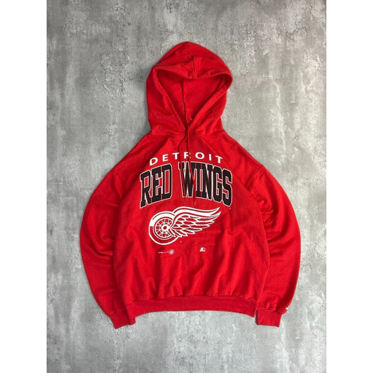 Vintage 90s Detroit Red Wings NHL Spellout Graphic Hooded Sweatshirt Size Large