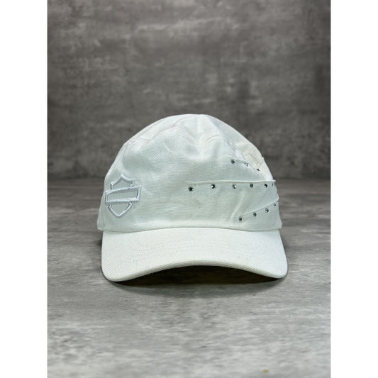 Vintage 2000s Harley Davidson Embroidered Logo Bedazzled Fitted Hat OSFA White