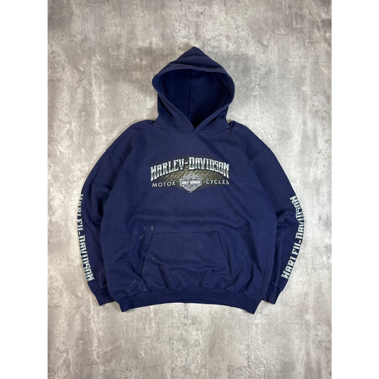 Harley Davidson Sleeve Spellout Graphic Pullover Hooded Sweatshirt Size XL