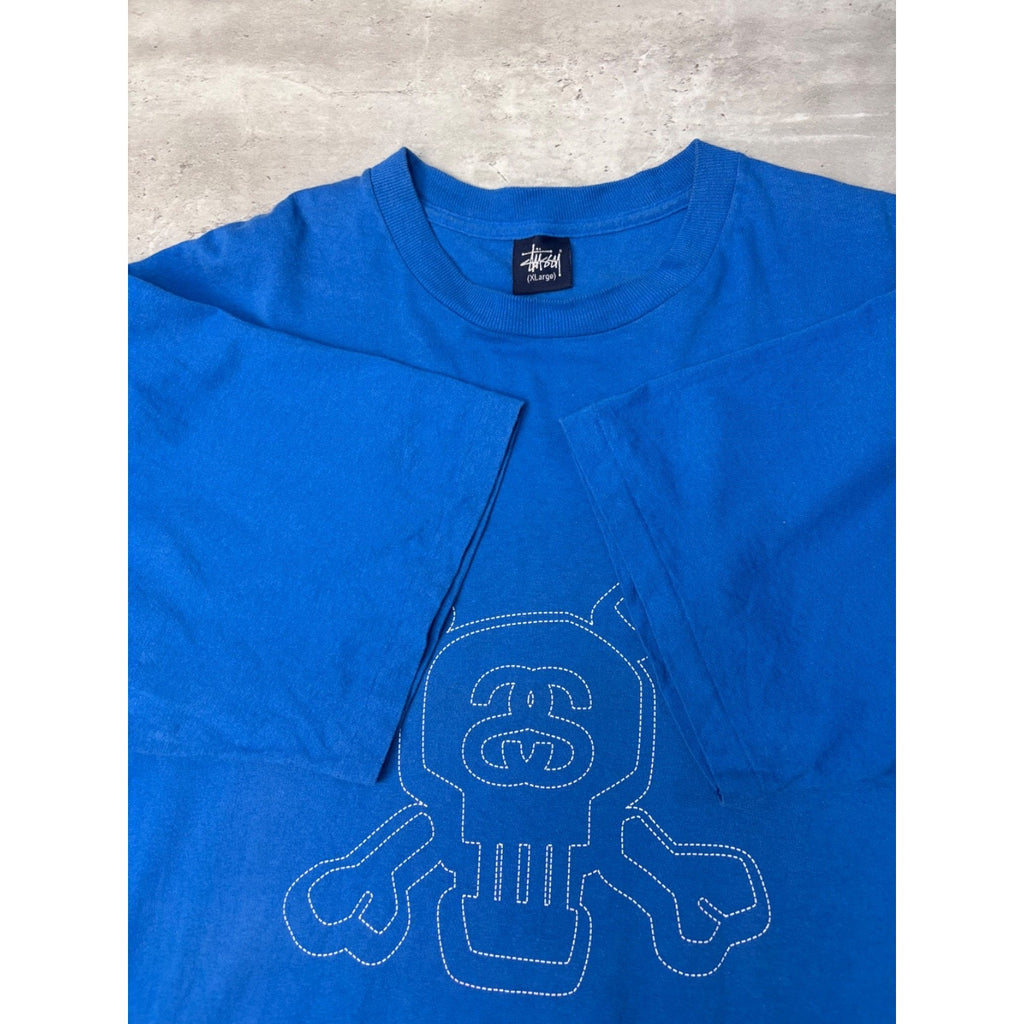 Vintage Stussy Skull Stitch Graphic Blue T-Shirt Size XL