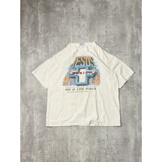 Vintage 90s Jesus Christ Chevy Parody Spellout Graphic T-Shirt Size XL White