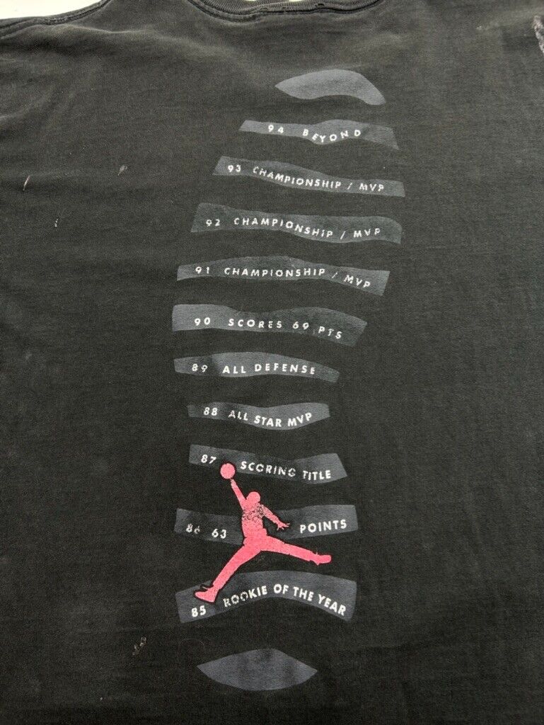 Vintage 90s Nike Jordan 10 Stats Jumpman Graphic Logo T-Shirt Size Large Black