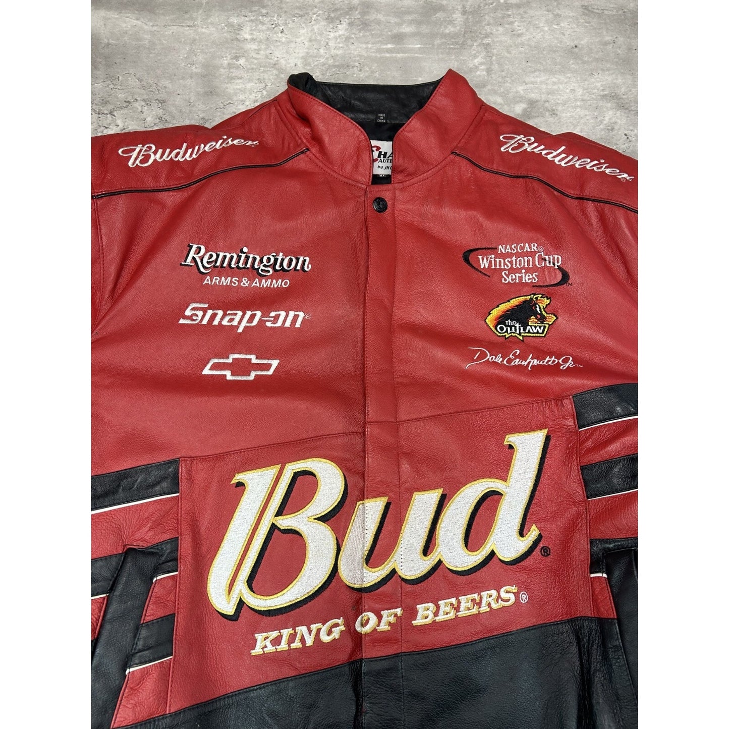 Vintage 90s Jeff Hamilton Budweiser King Of Beers Nascar Leather Race Jacket XL