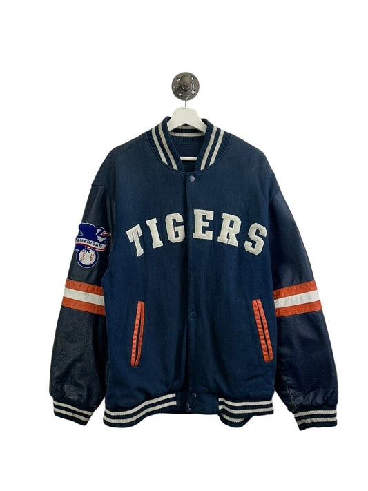 Detroit Tigers MLB Reversible Leather Nylon Varsity Bomber Jacket Size XL Blue