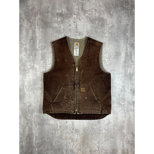 Vintage Carhartt Fleece Lined Canvas Workwear Full Zip Vest Size Large Brown
