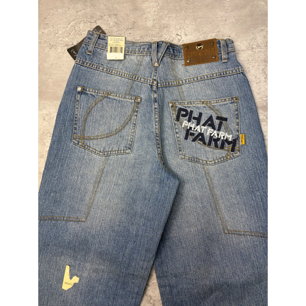 Vintage Y2K Womens Phat Farm Embroidered Spellout Medium Wash Denim Pants