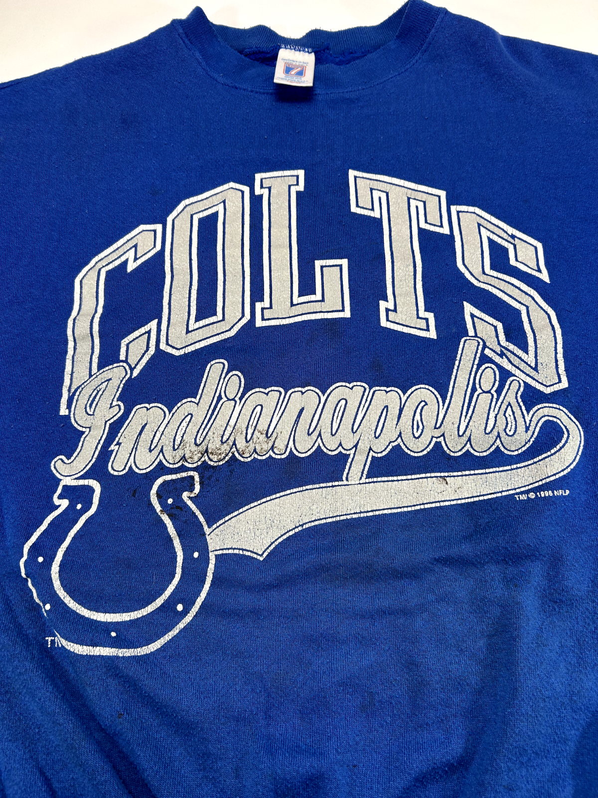 Vintage 1996 Indianapolis Colts NFL Script Spellout Sweatshirt Size Large Blue