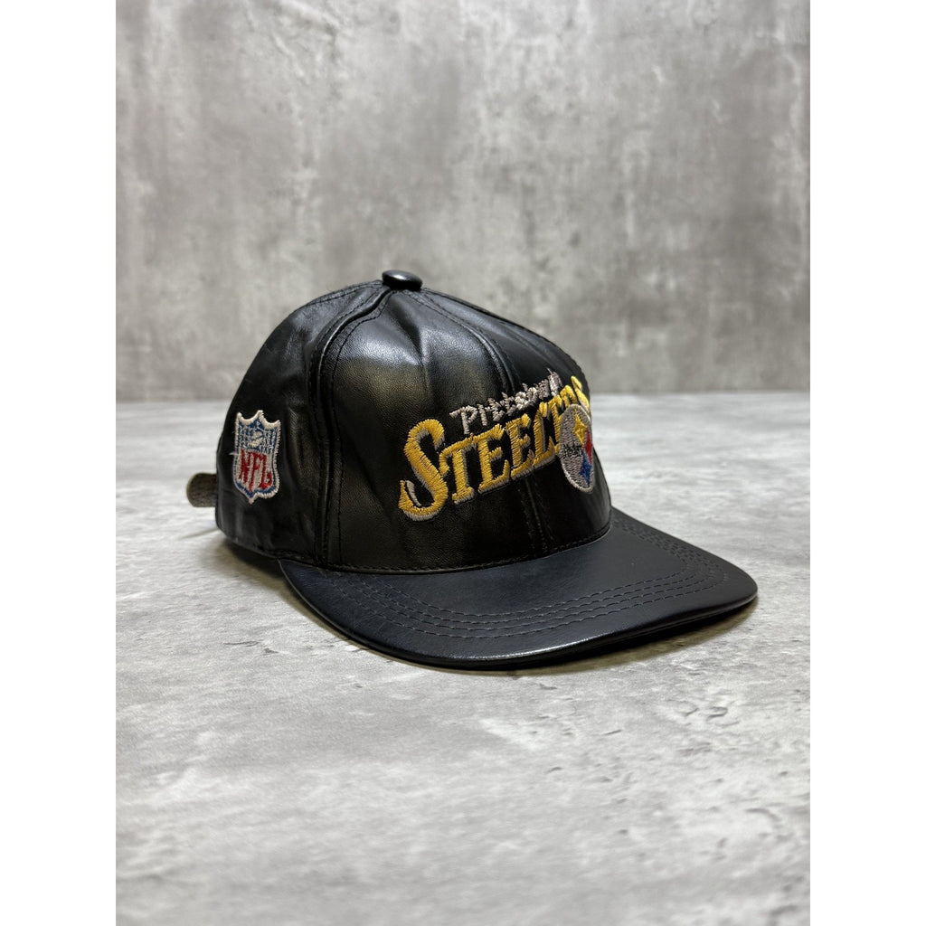 Vintage 90s Pittsburgh Steelers NFL Embroidered Leather Strapback Hat OSFA