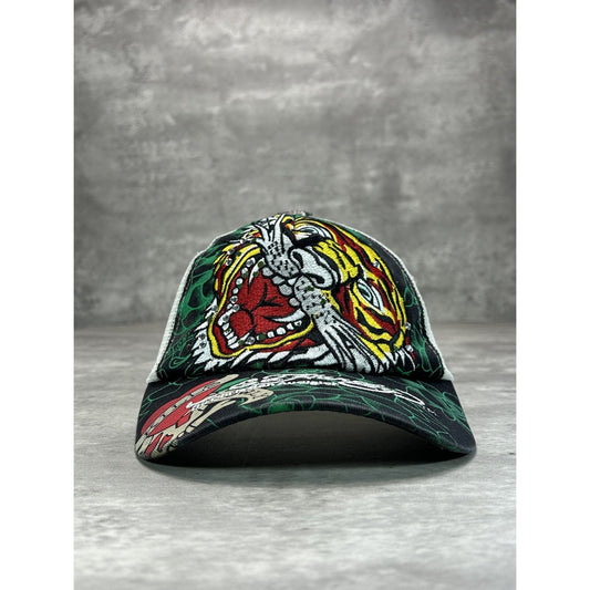 Vintage Y2K Ed Hardy Bedazzled Tiger Graphic Trucker Snapback Hat OSFA
