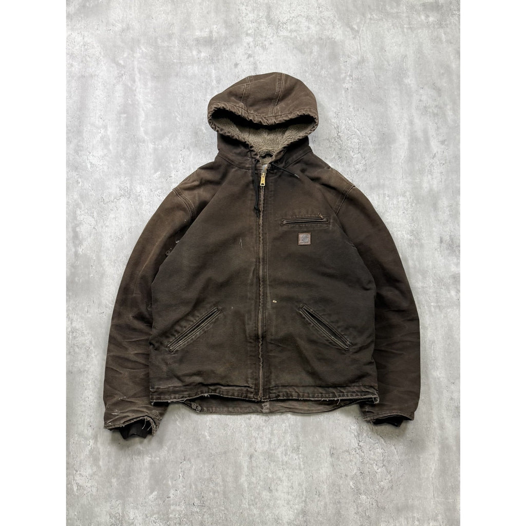 Vintage Carhartt Fleece Lined Canvas Brown Hooded Detroit Jacket Size Large