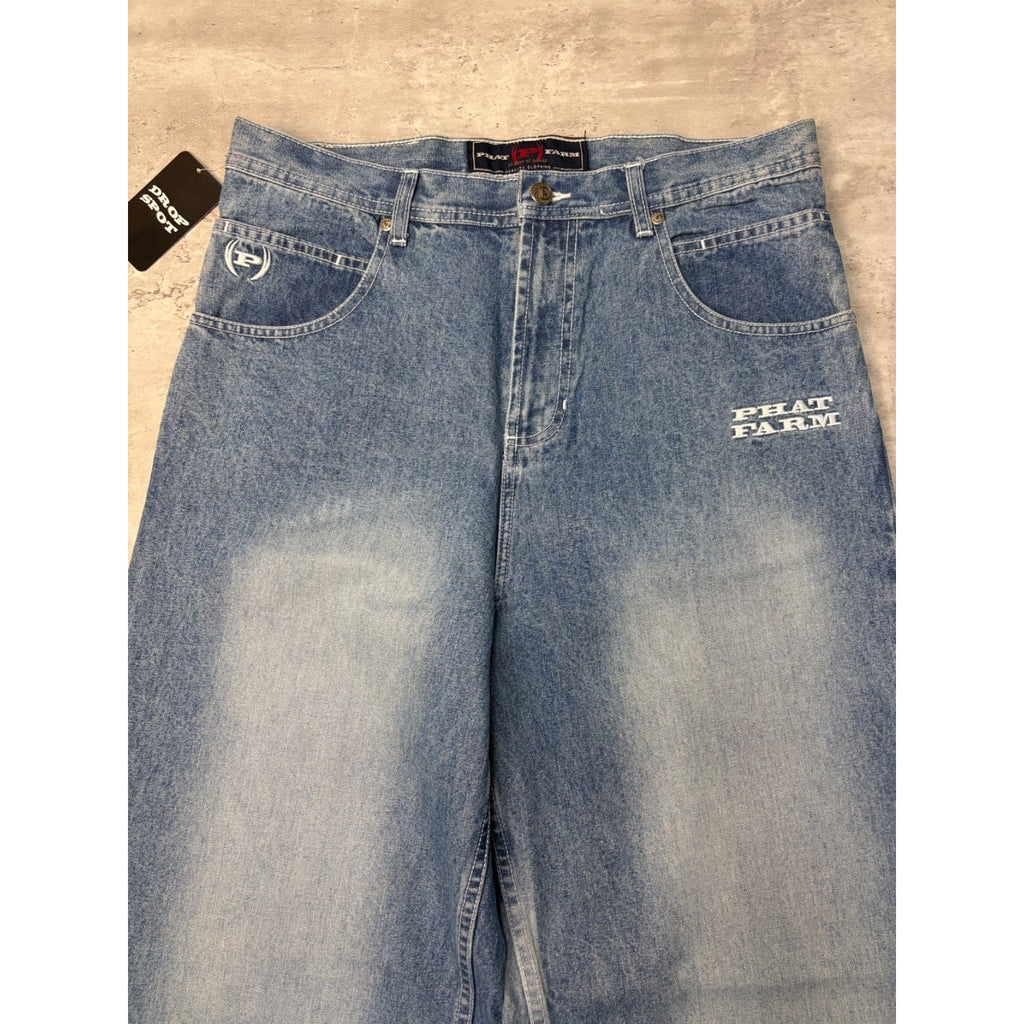 Vintage Y2K Womens Phat Farm Embroidered Logo Medium Wash Denim Pants