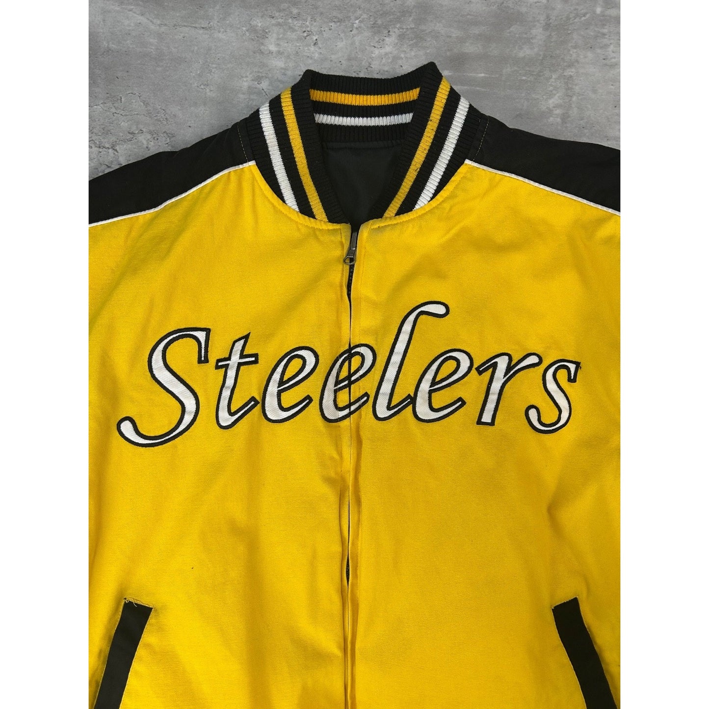 Vintage Pittsburgh Steelers NFL Spellout Reversible Bomber Jacket Size Large