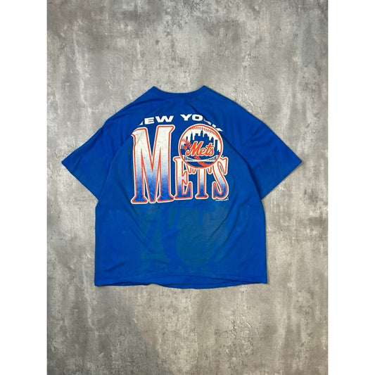 Vintage 1991 New York Mets MLB Graphic Spellout Baseball T-Shirt Size XL Blue