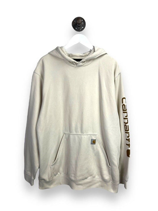 Carhartt Loose Fit Embroidered Patch Hooded Workwear Sweatshirt Size XL Beige