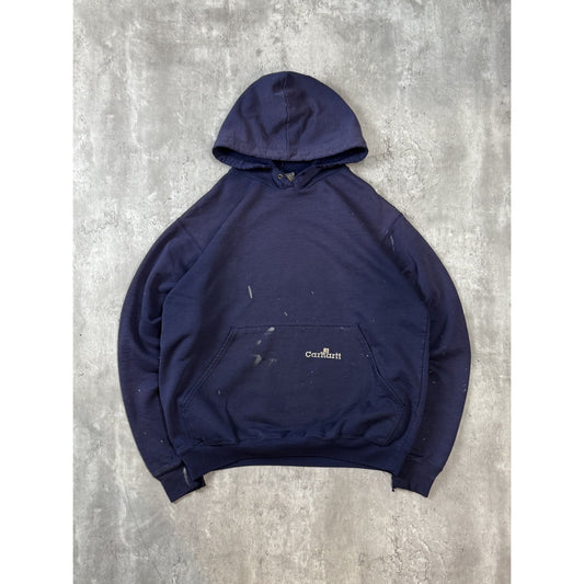 Vintage 90s Carhartt Distressed Workwear Pullover Hooded Sweatshirt Size XL Blue