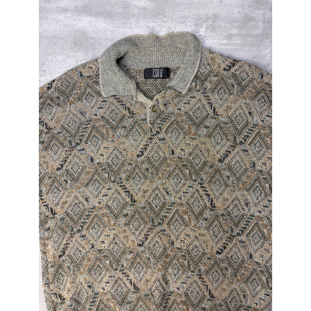 Vintage 90s TSR Diamond Print Collared Pullover Knit Sweater Size XL