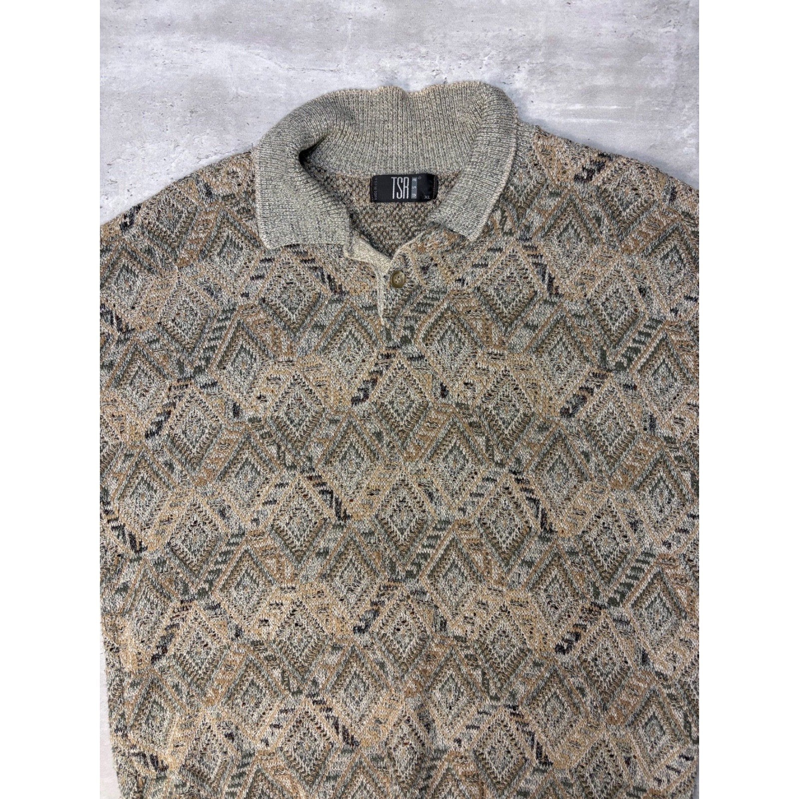 Vintage 90s TSR Diamond Print Collared Pullover Knit Sweater Size XL