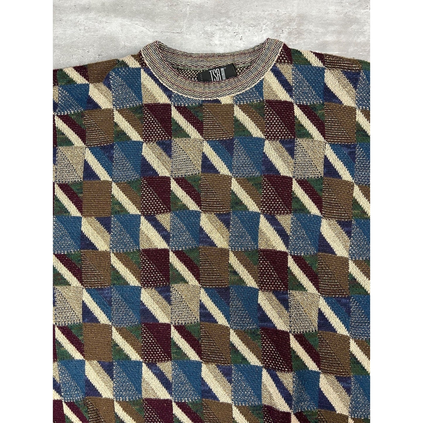 Vintage 90s TSR Earth Tone Geometric Striped Pullover Knit Sweater Size 2XL