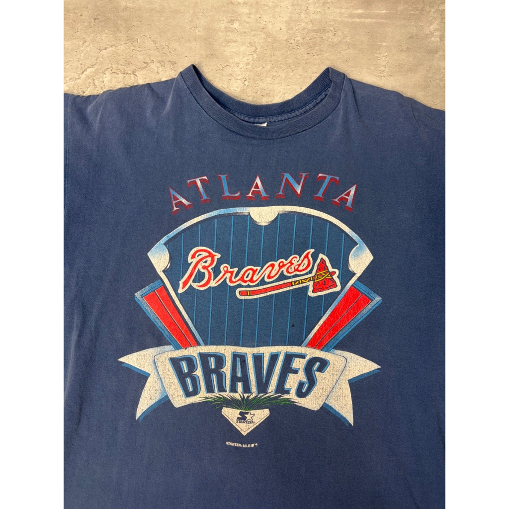 Vintage 90s Atlanta Braves MLB Spellout Graphic Starter T-Shirt Size Large