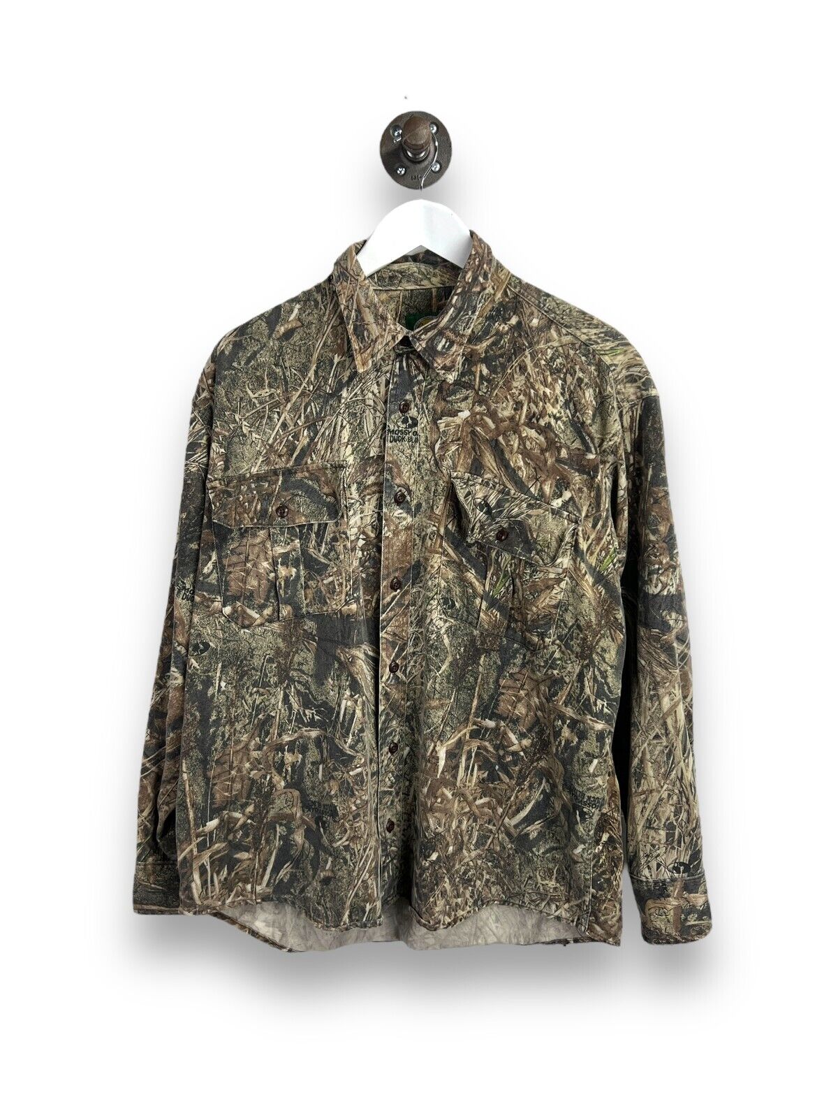 Cabelas Mossy Oak Duck Blind Camo Double Pocket Button Up Shirt Size Large