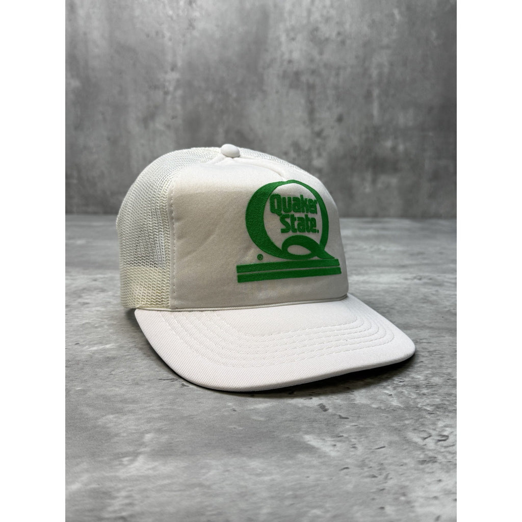 Vintage 80s Quaker State Graphic Logo White Trucker Snapback Hat OSFA
