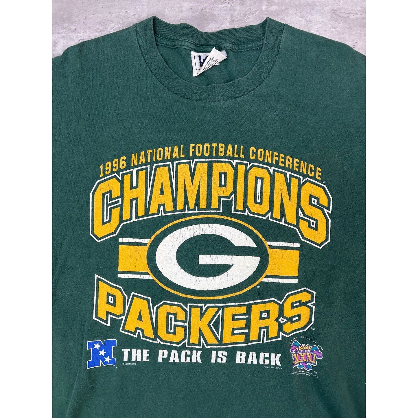 Vintage 1996 Green Bay Packers NFL NFC Champs Graphic Spellout T-Shirt Sz Large