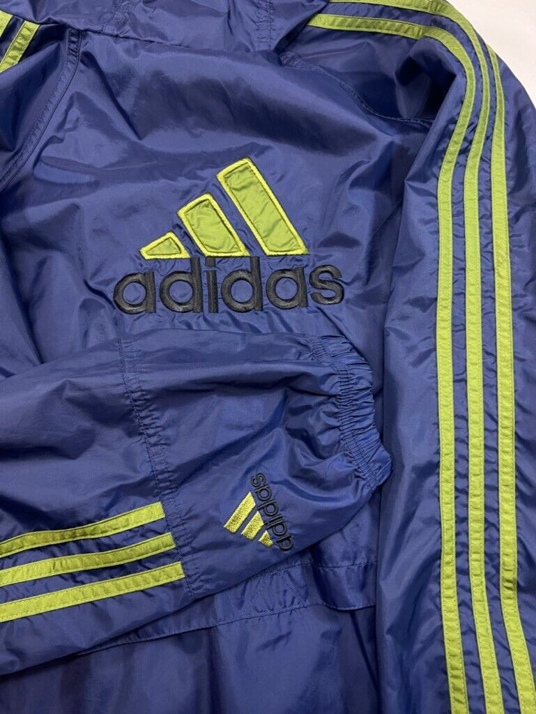 Vintage 90s Adidas Trefoil Three Stripe Windbreaker Hooded Jacket Size XL Blue